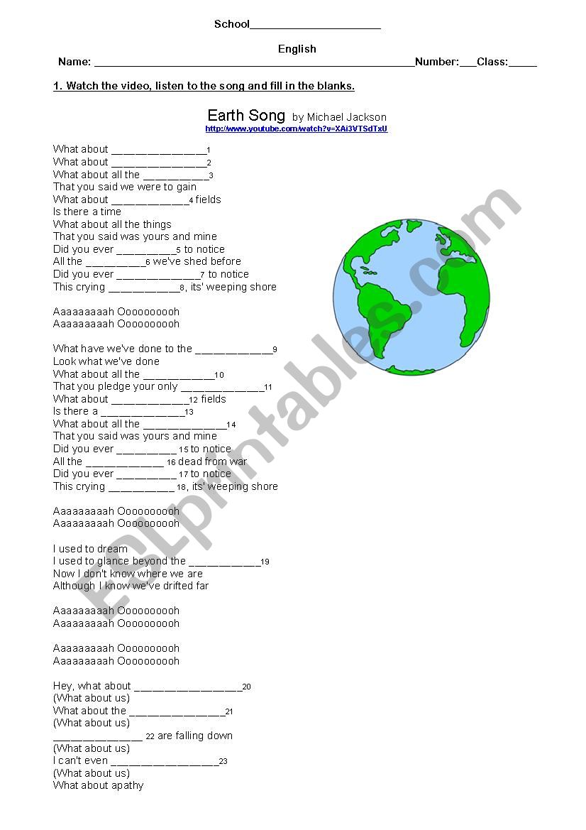 Earth song worksheet