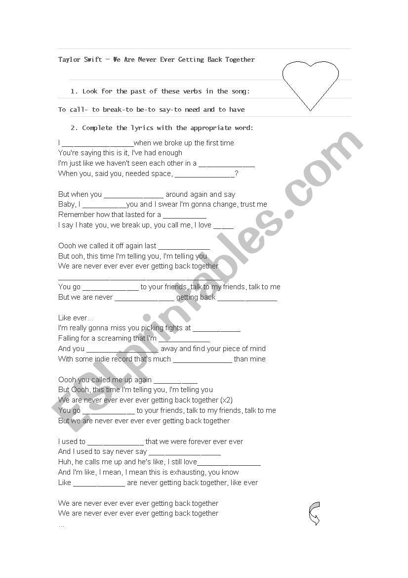 We Are Never Ever Getting Back Together Esl Worksheet By