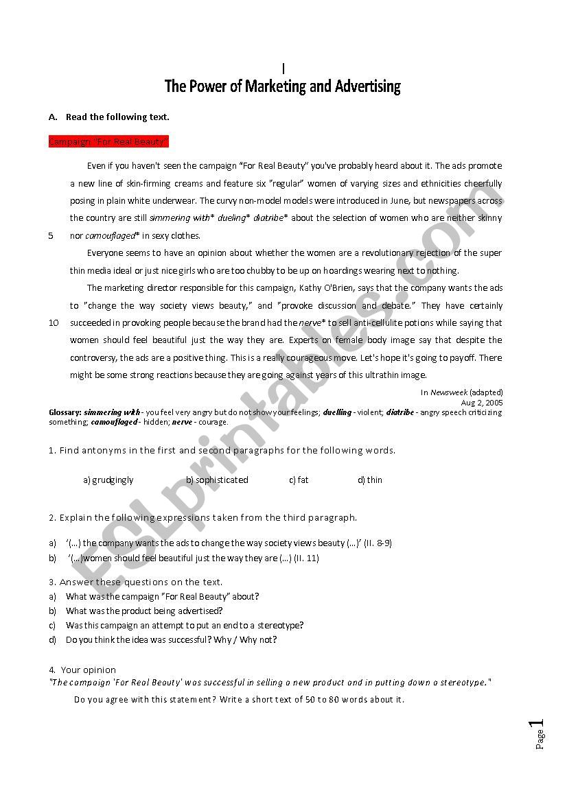 Advertising and marketing worksheet