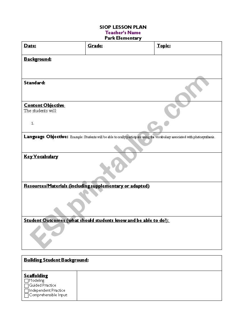 Siop Lesson Template Esl Worksheet By Vhedges