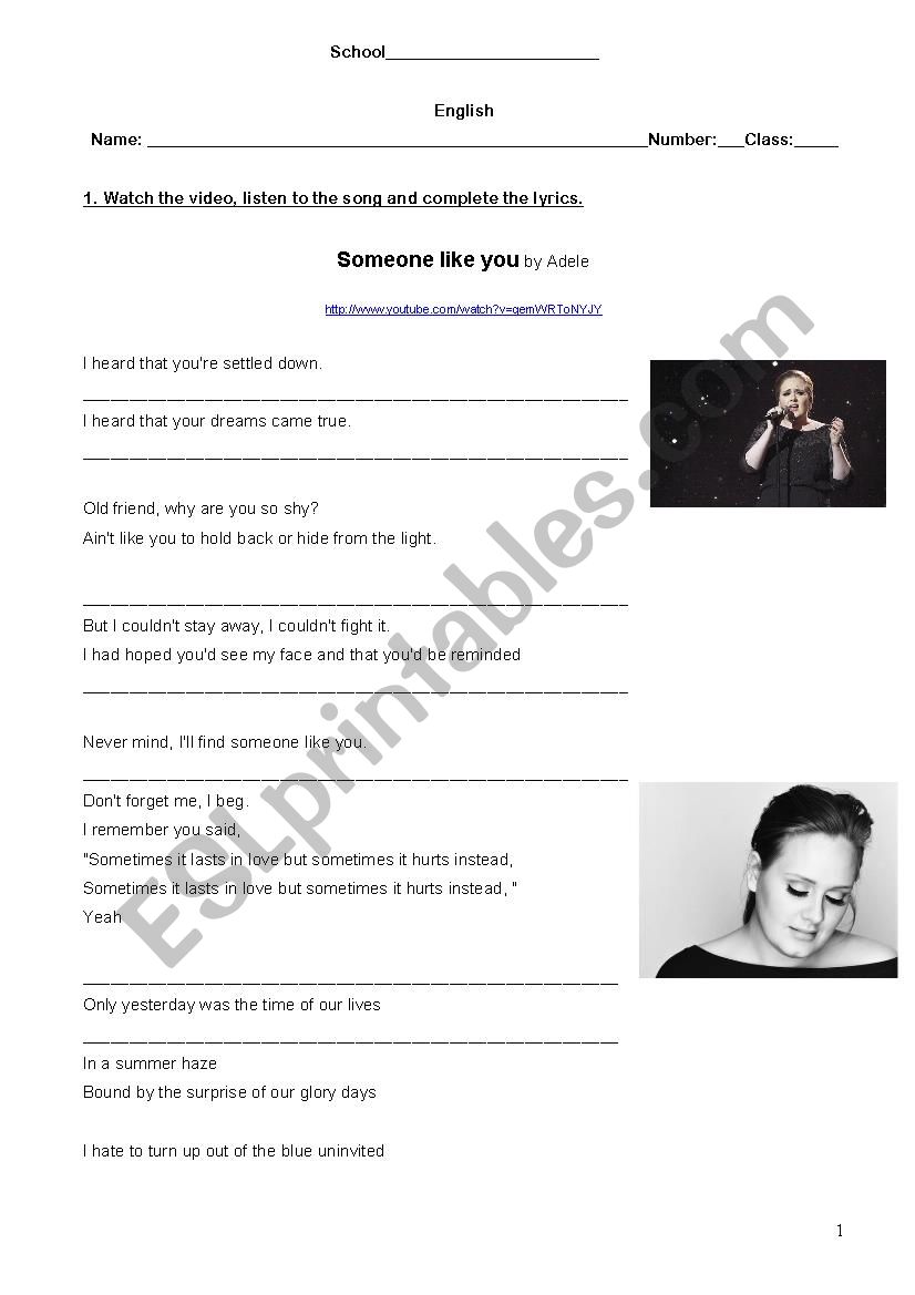 Someone like you by Adele worksheet