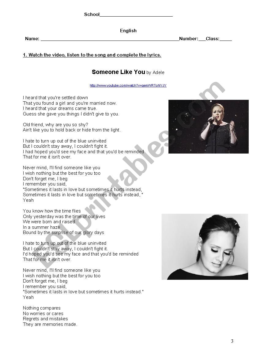 Someone Like You By Adele Esl Worksheet By Acores