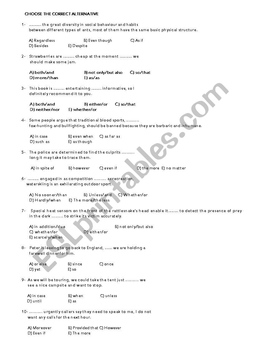 TEST- CONJUNCTIONS worksheet