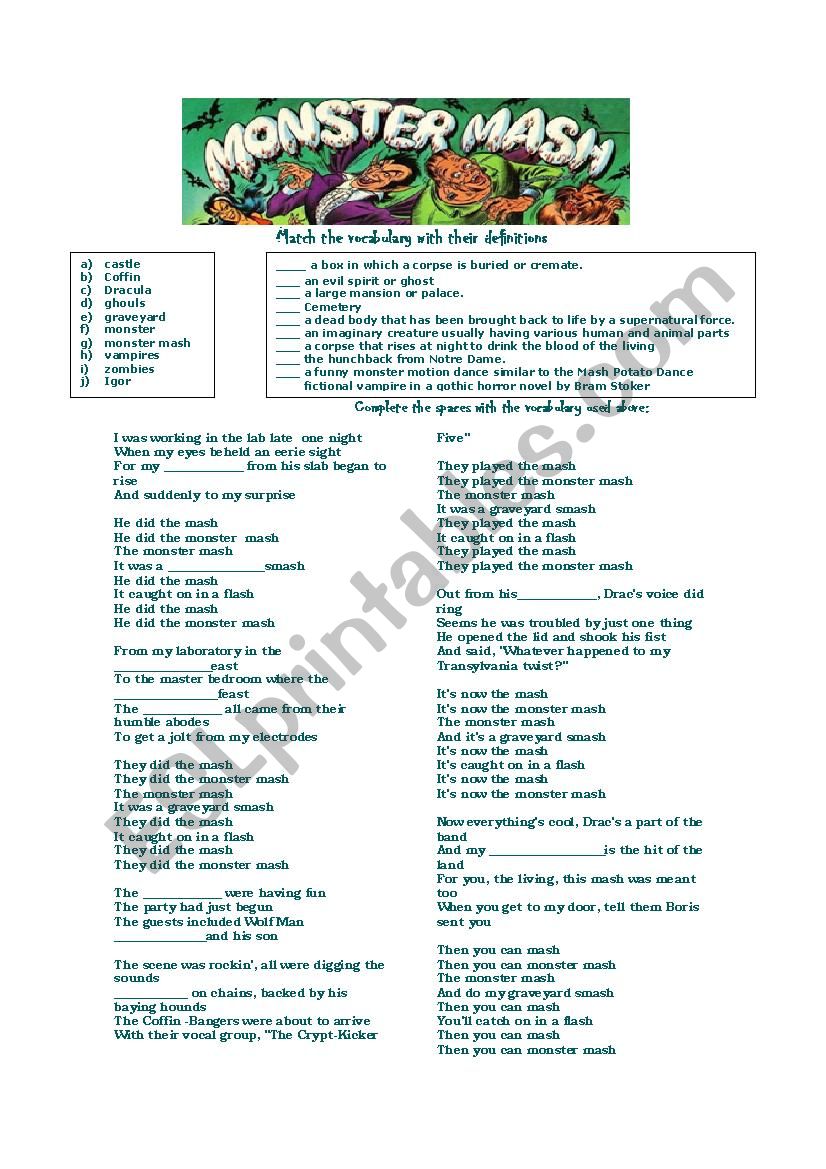 Monster Mash Song worksheet