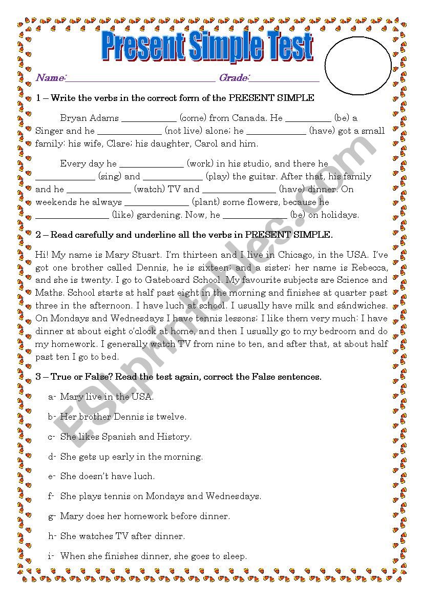 Present Simple Test worksheet