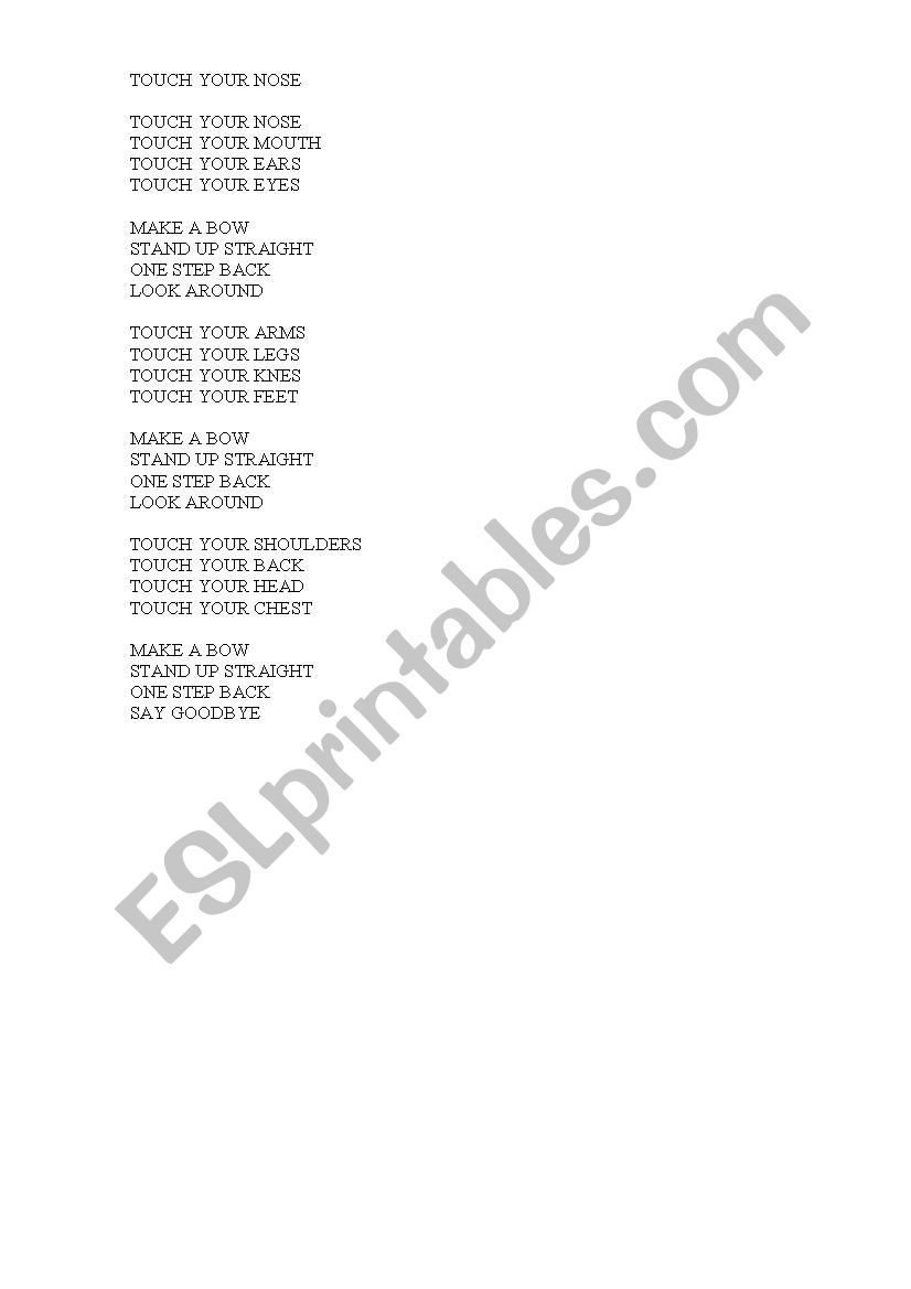 SONG TOUCH YOUR NOSE worksheet