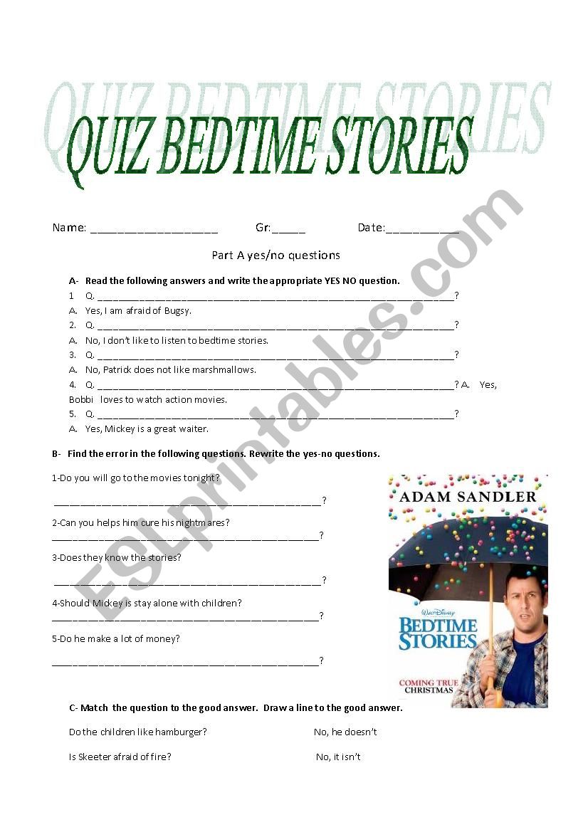 Worksheet about the movie Bedtime Stories