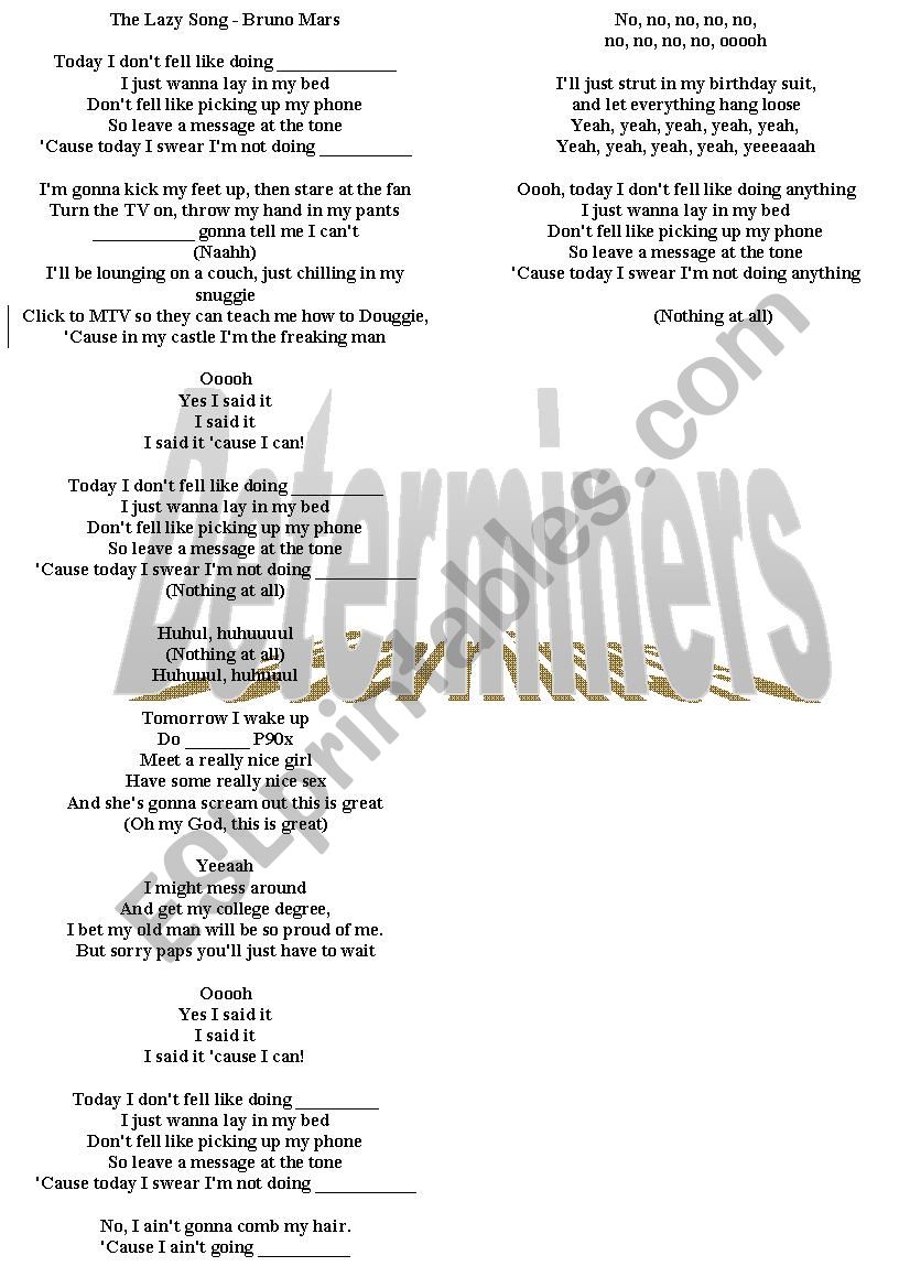 Lazy Song - Bruno Mars worksheet