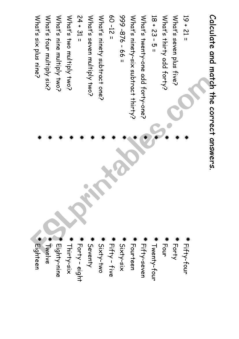 Match the correct numbers worksheet