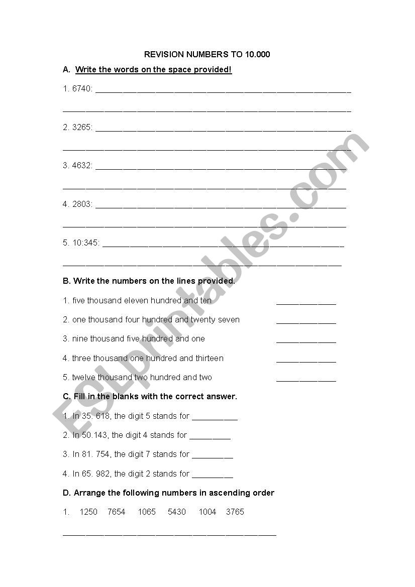 Numbers to 10000 worksheet