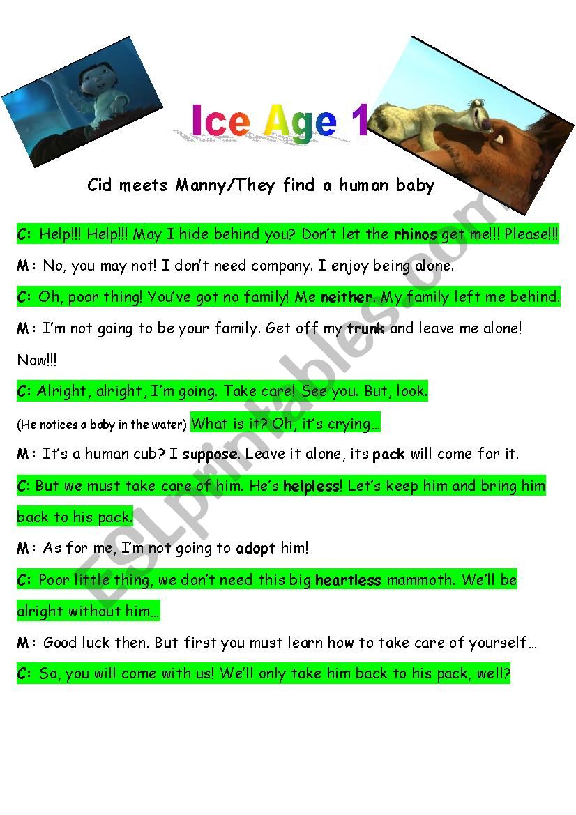 Ice Age 1: Manny meets Cid worksheet