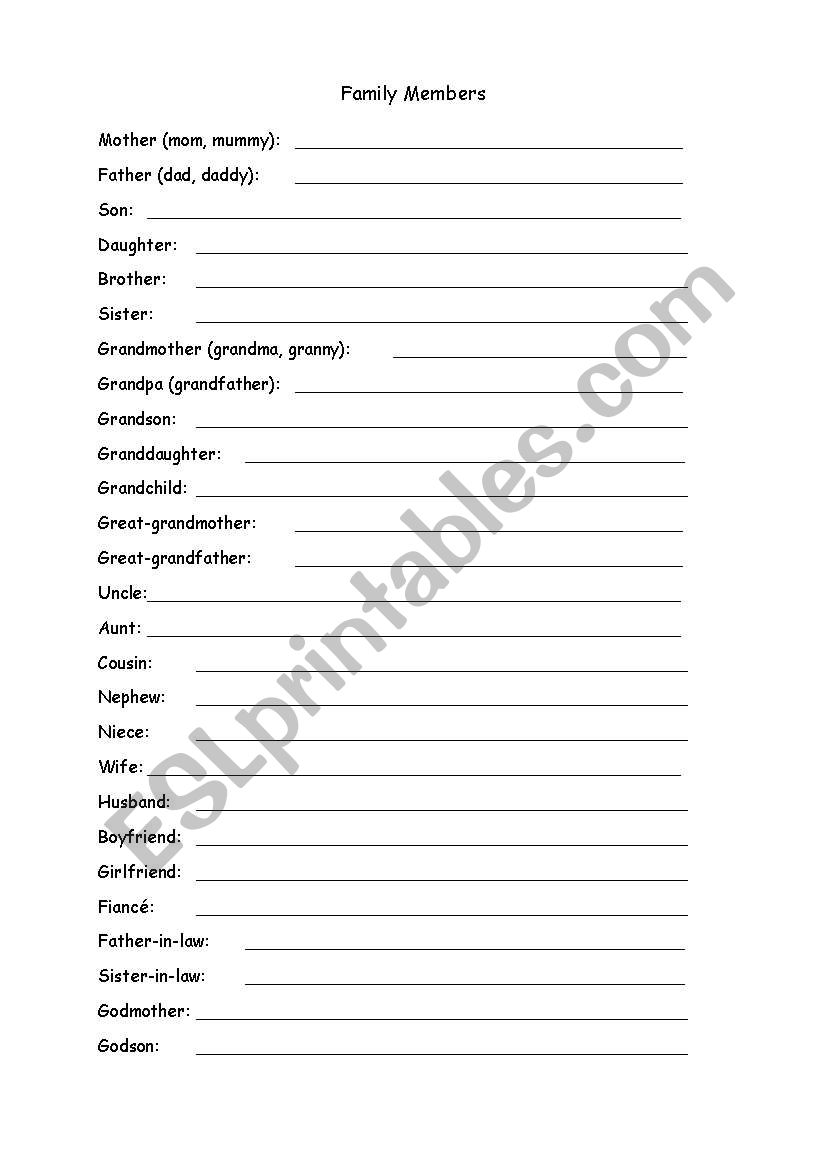 Family Members (vocabulary) worksheet