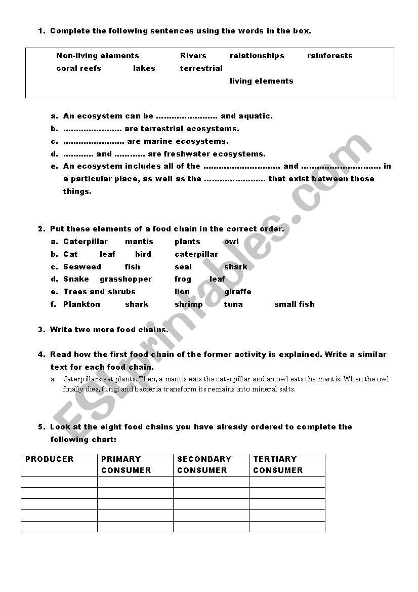 Ecosystems activities worksheet