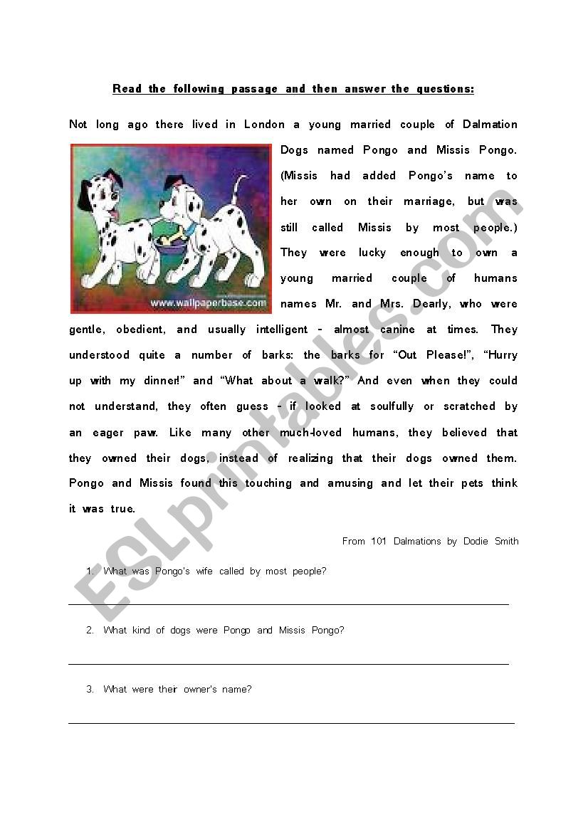 101 Dalmations Comprehension worksheet