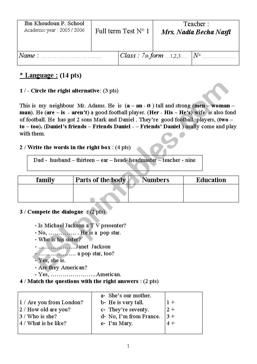 full term test 1  worksheet