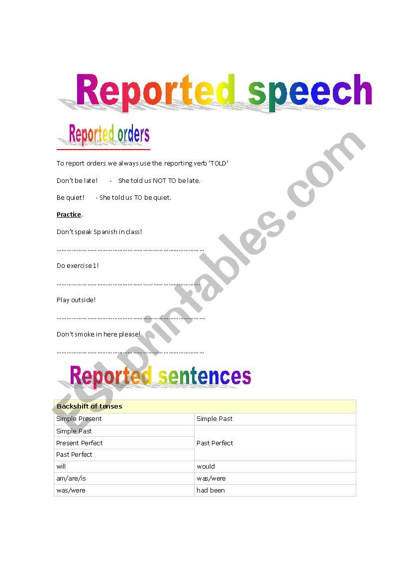 Reported speech worksheet