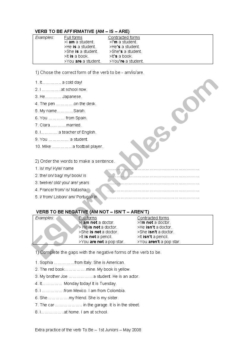 verb to be worksheet