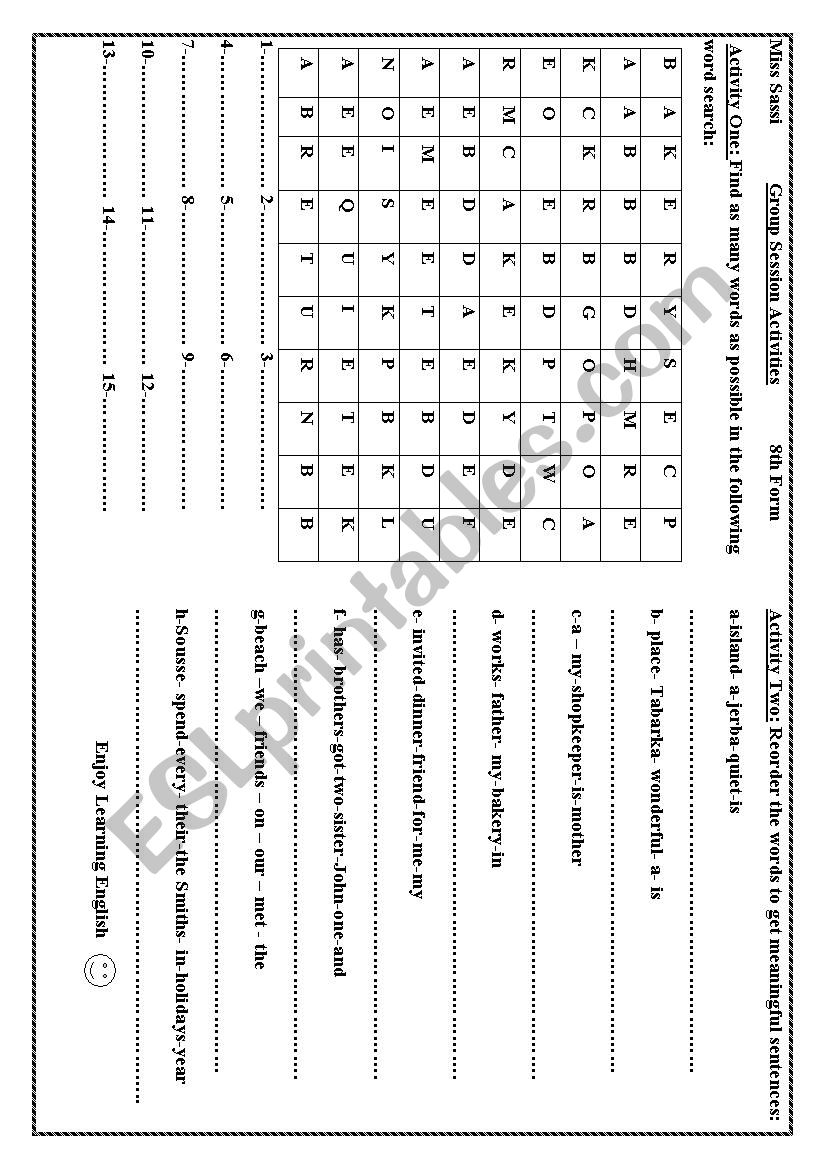 group session 8th form worksheet