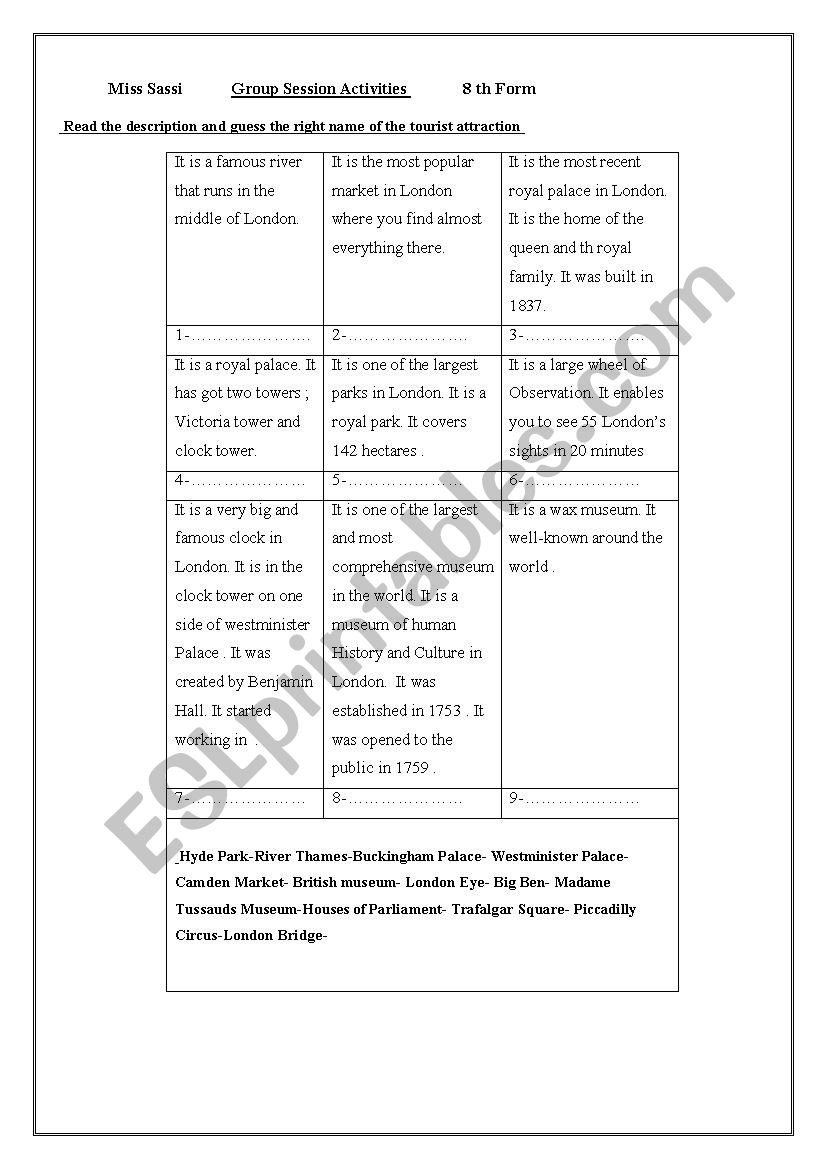 London monuments worksheet