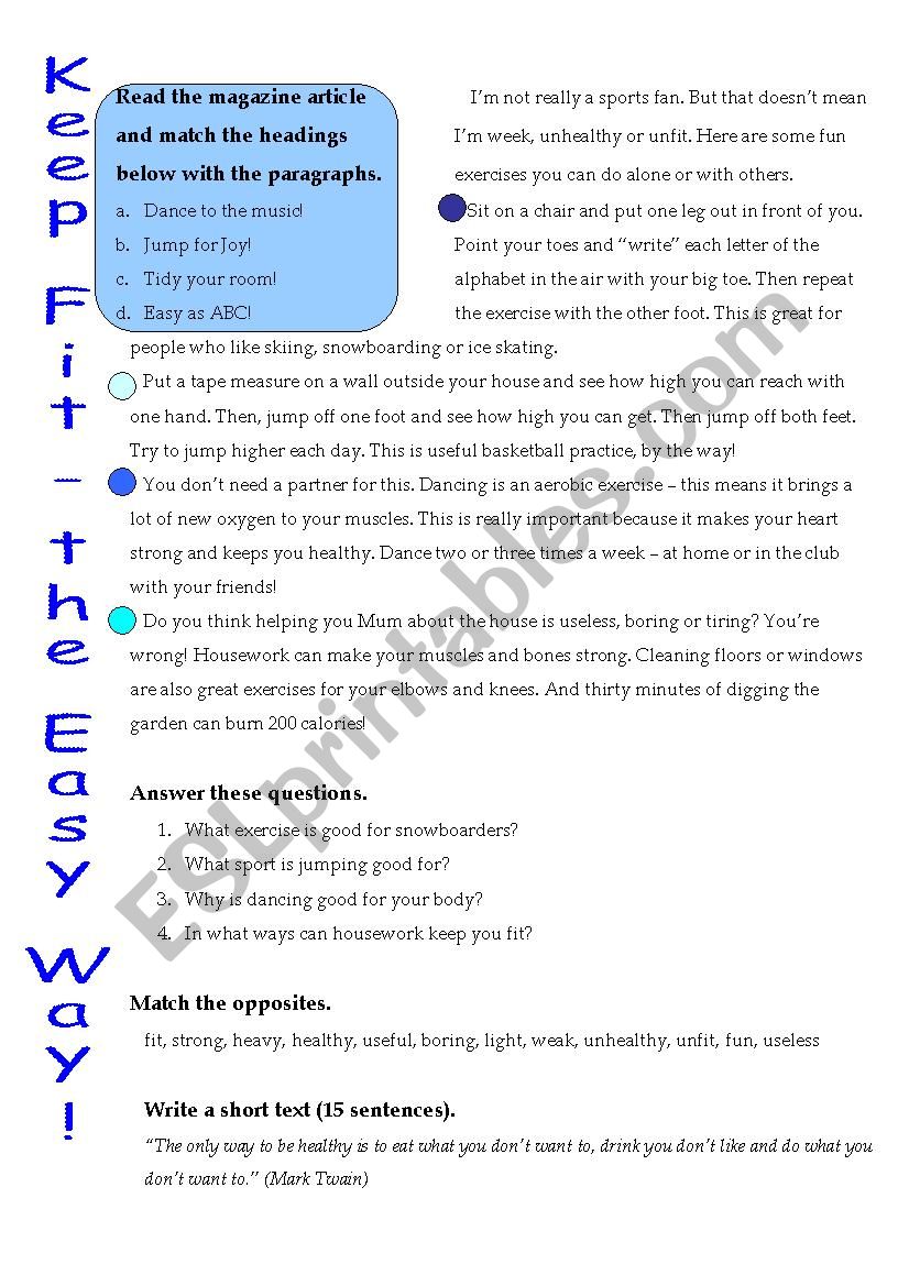 Keep fit (reading) worksheet