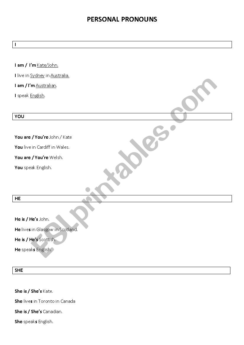 Personal pronouns worksheet