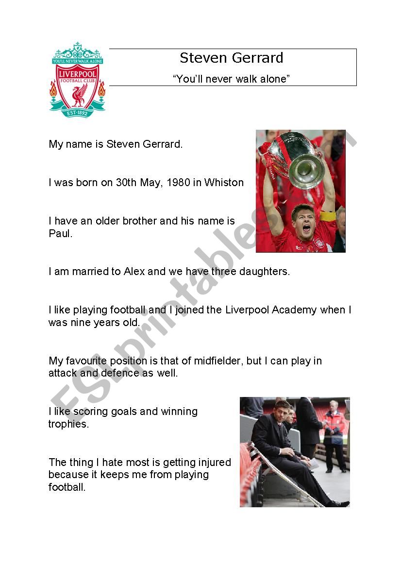 Steven Gerrard Biography worksheet