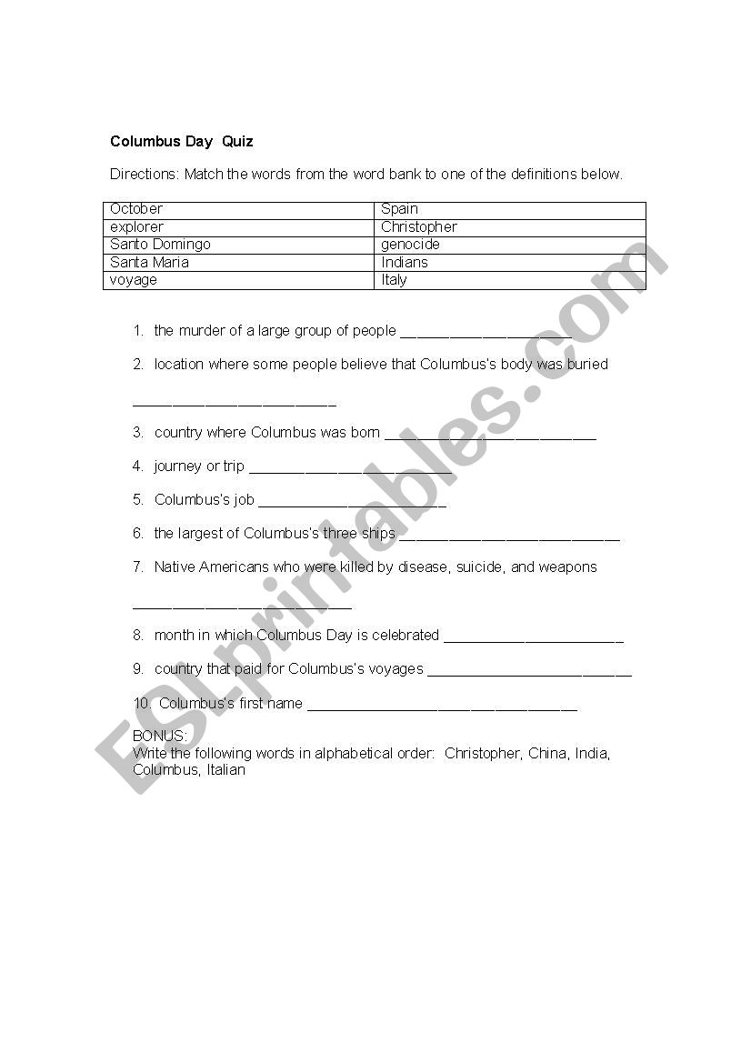 Columbus Day Quiz worksheet