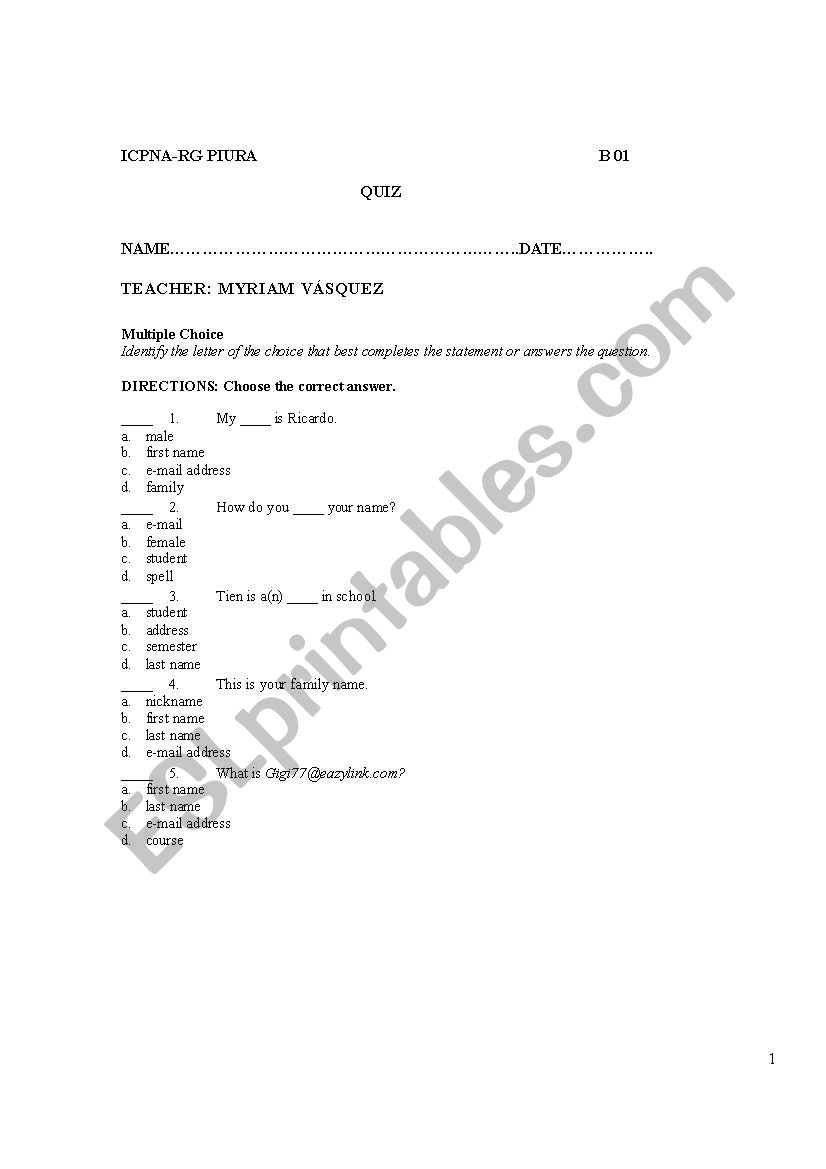 Elementary Test worksheet