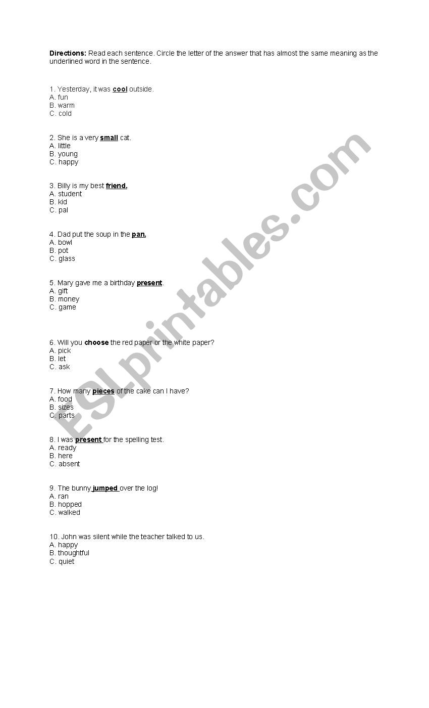 Synonyms worksheet