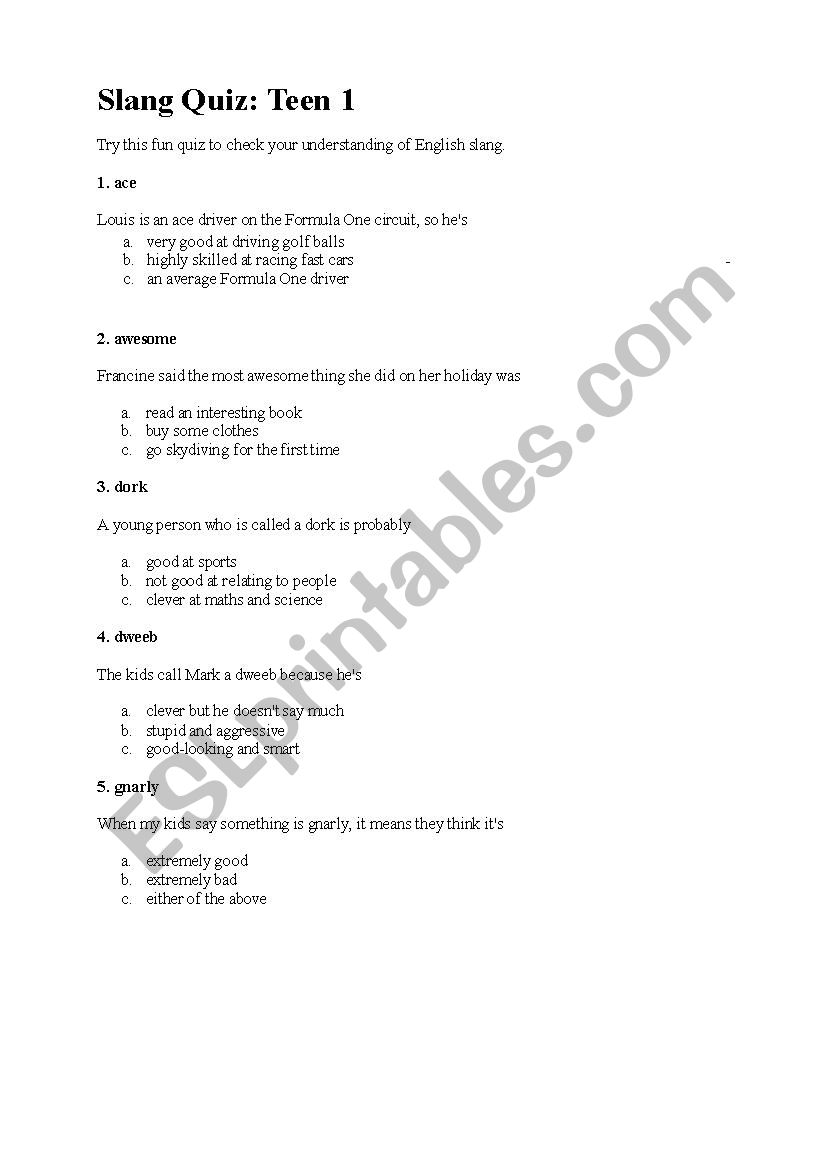 Slang Quiz 1 worksheet