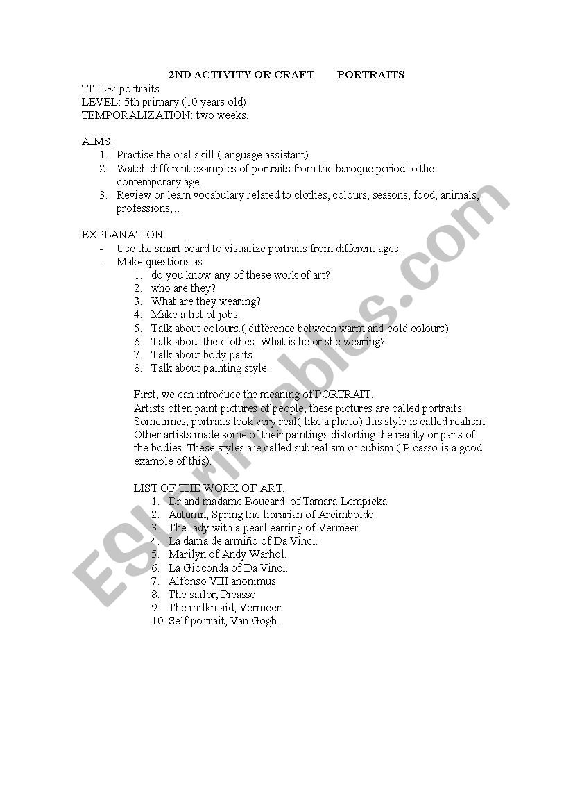 portraits worksheet