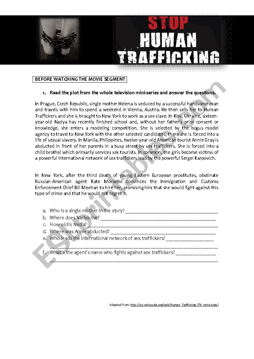Human trafficking segment worksheet
