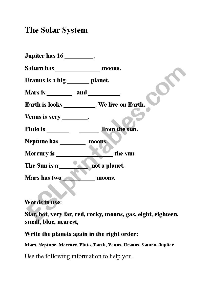 The solar system worksheet