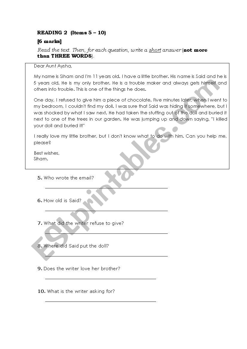 Reading worksheet