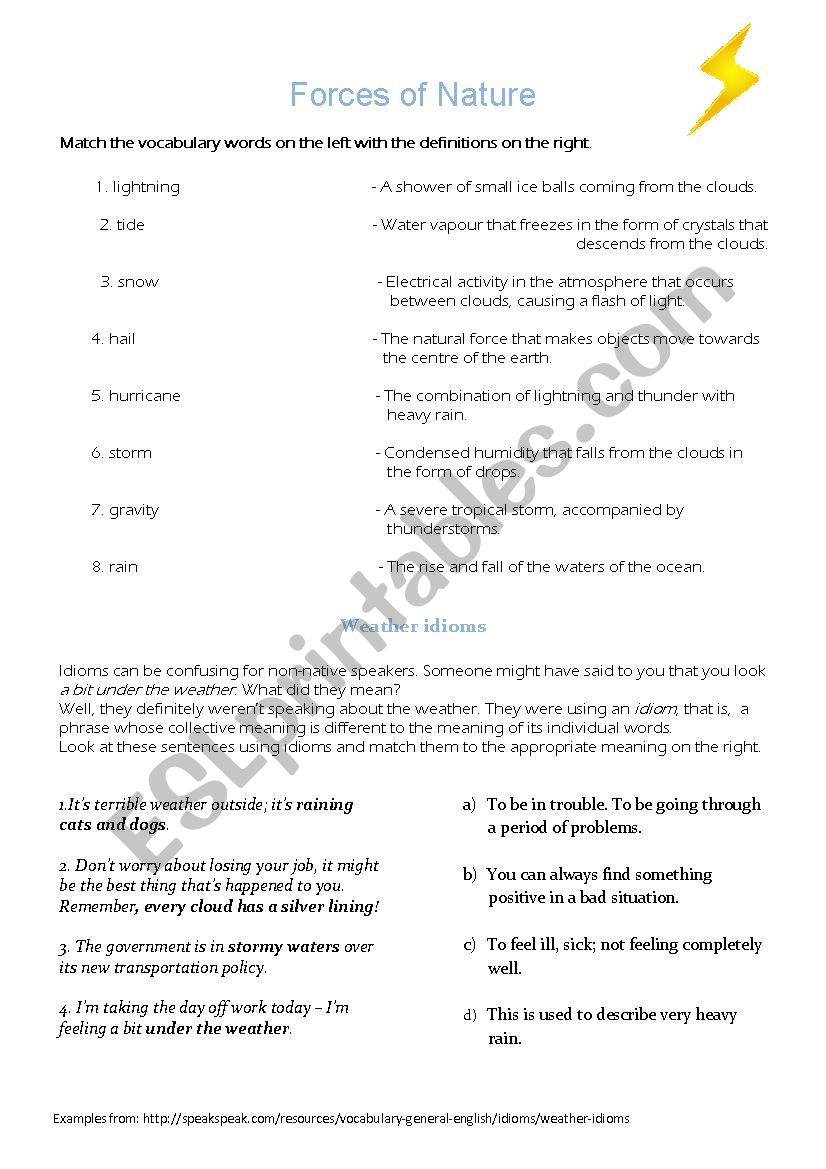 Weather vocabulary and idioms worksheet