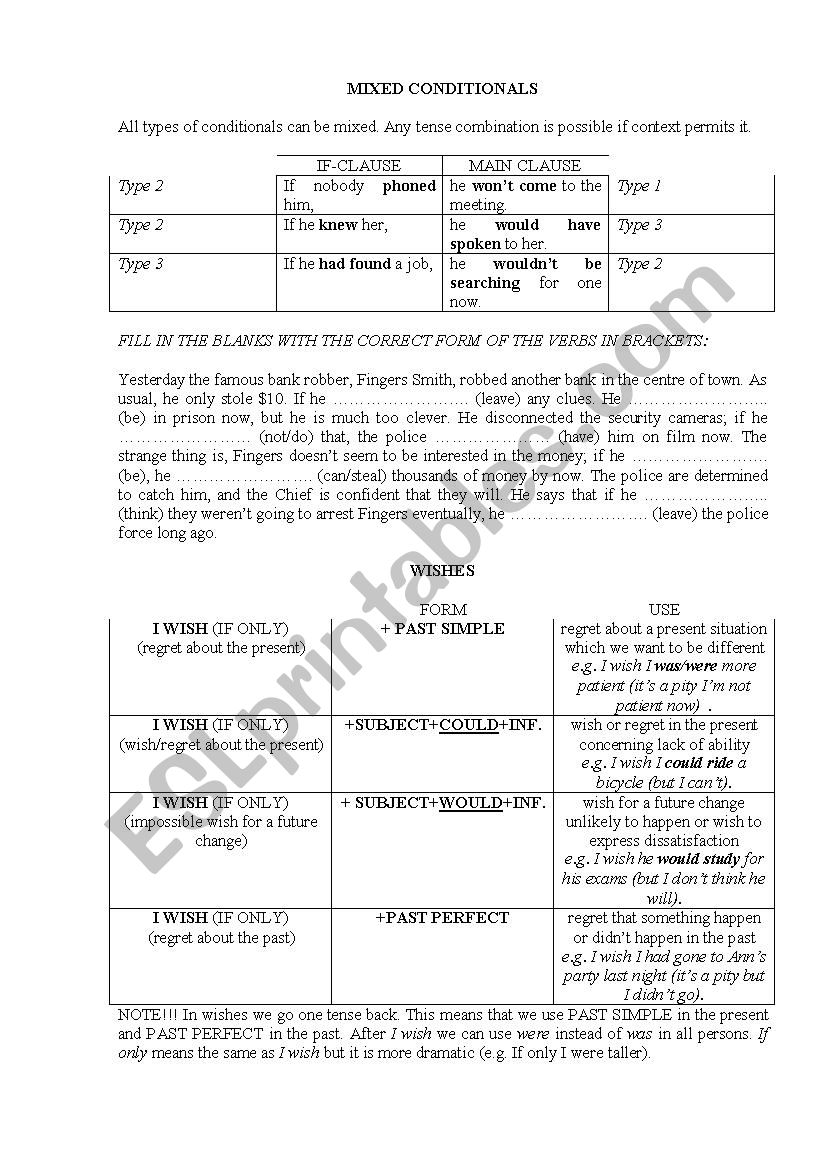 Mixed Conditionals and Wishes worksheet