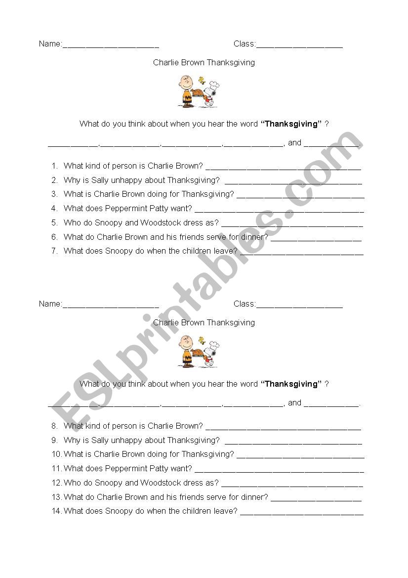 Charlie Brown Thanksgiving Worksheet