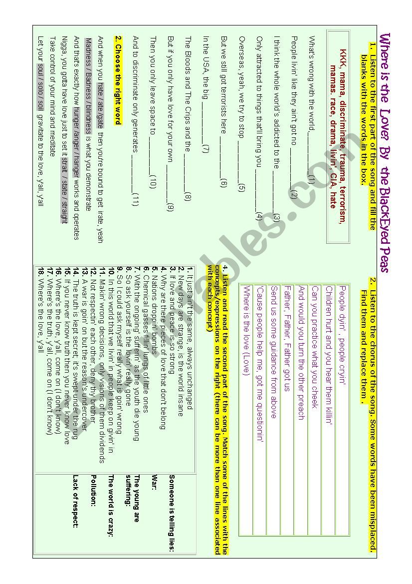 Where is the love ? worksheet