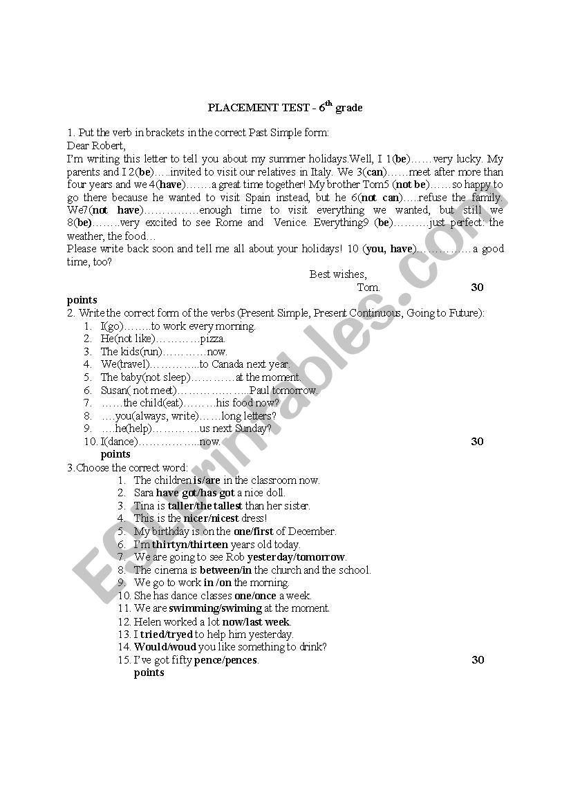 Placement test 6th grade worksheet