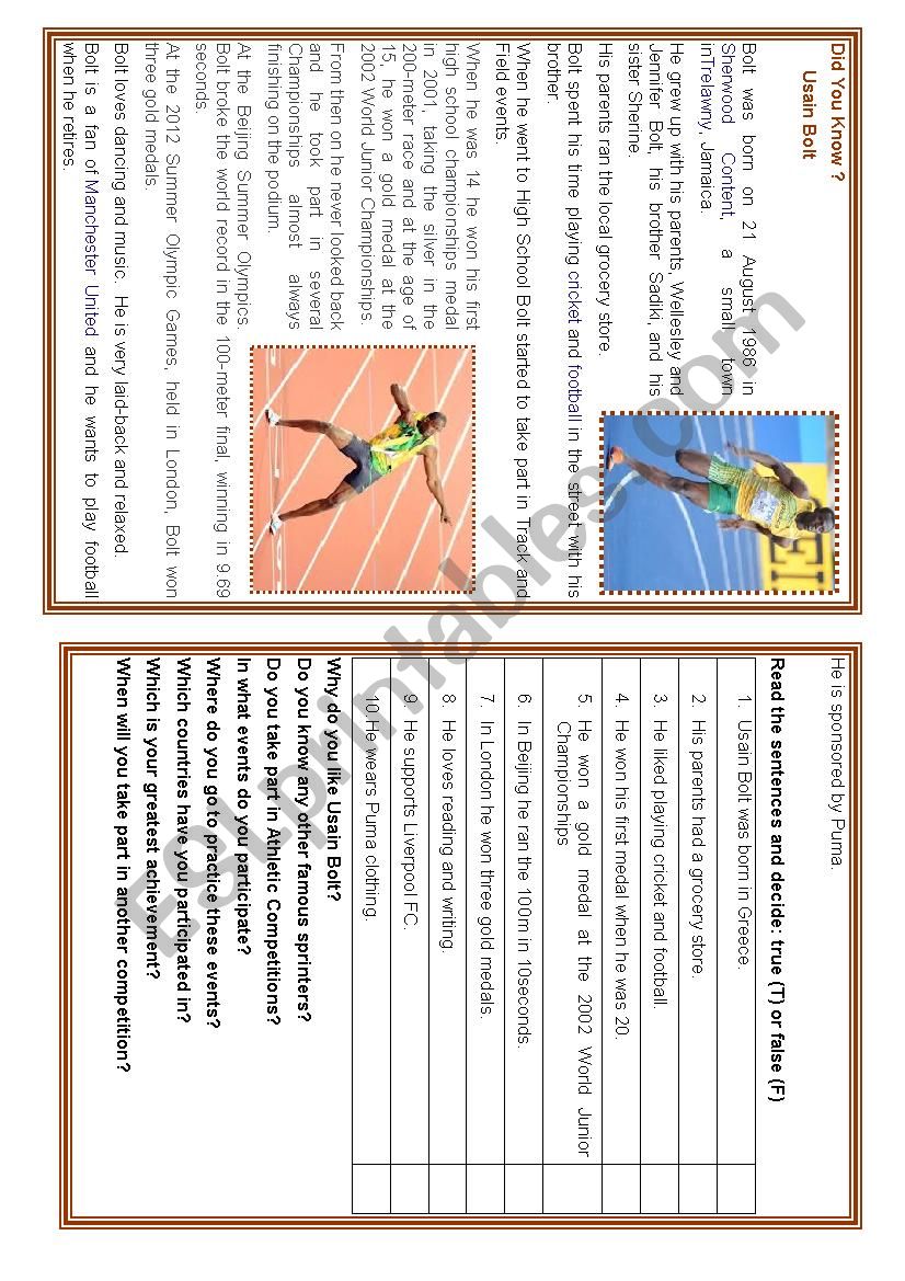 Usain Bolt Comprehension worksheet