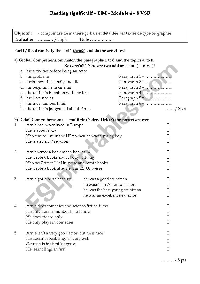 Reading test worksheet