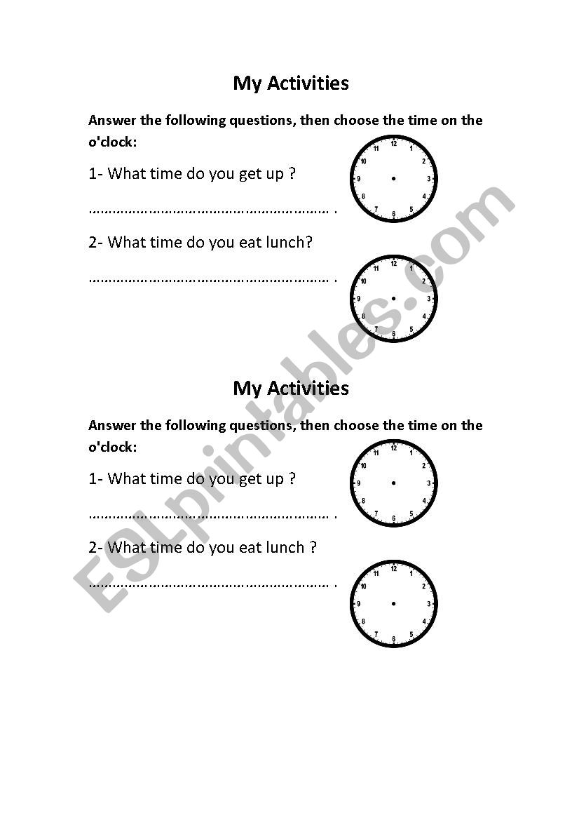 my activities worksheet