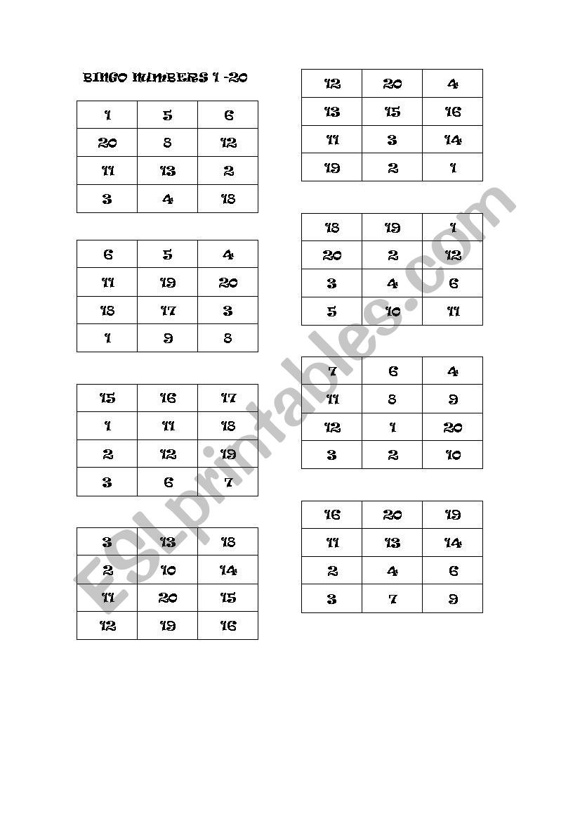 Numbers 1-20 bingo worksheet