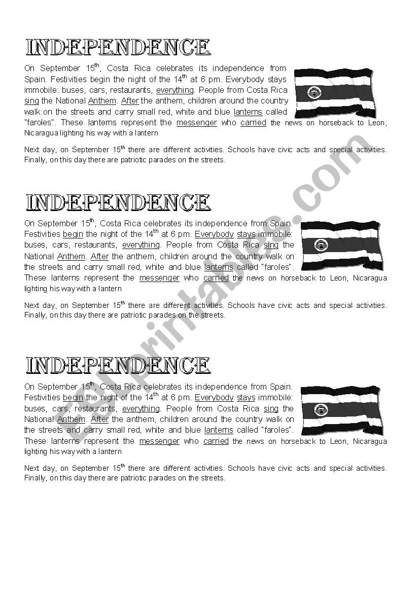 celebrations Costa Rica worksheet