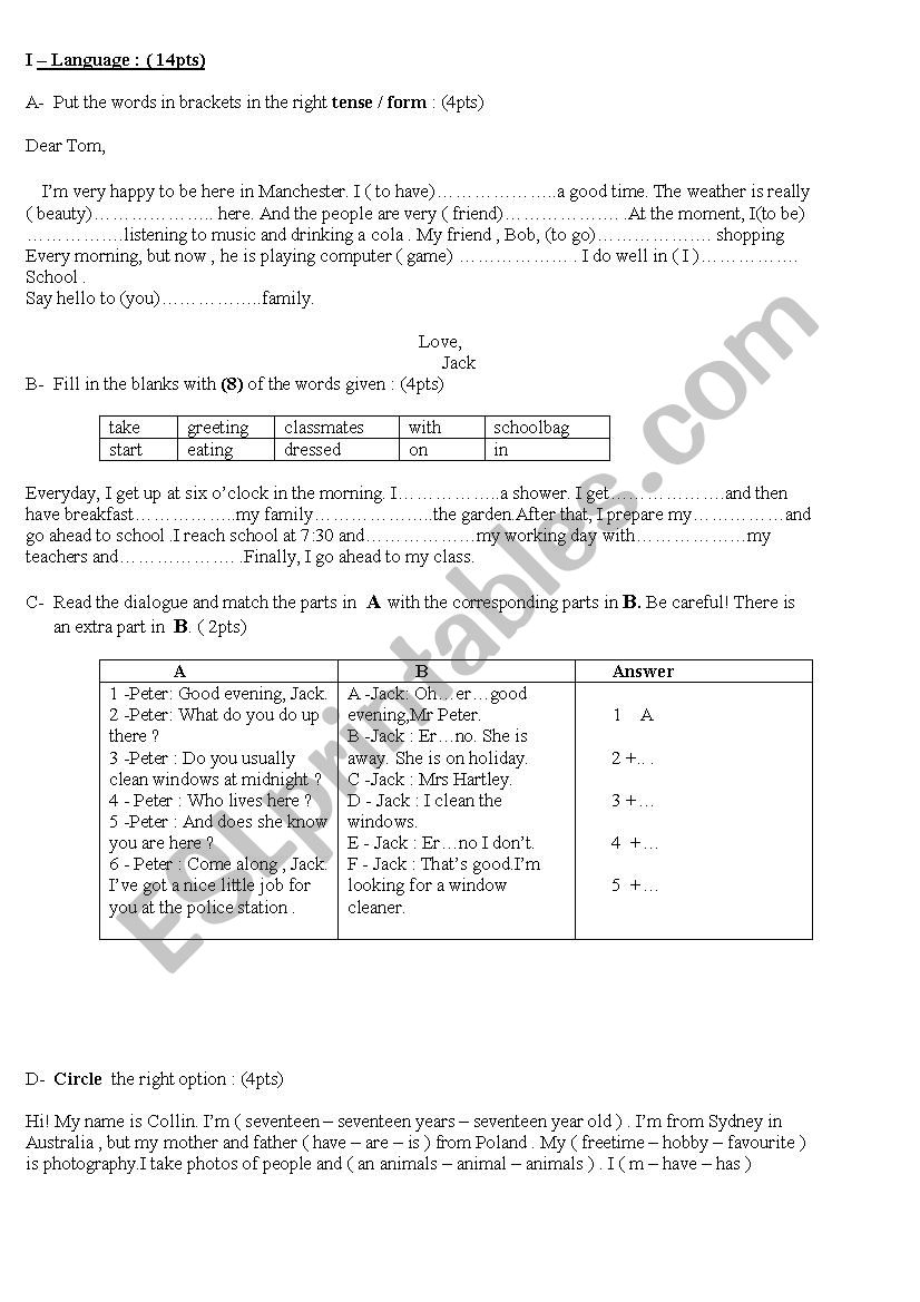 7th grade test , Family  worksheet