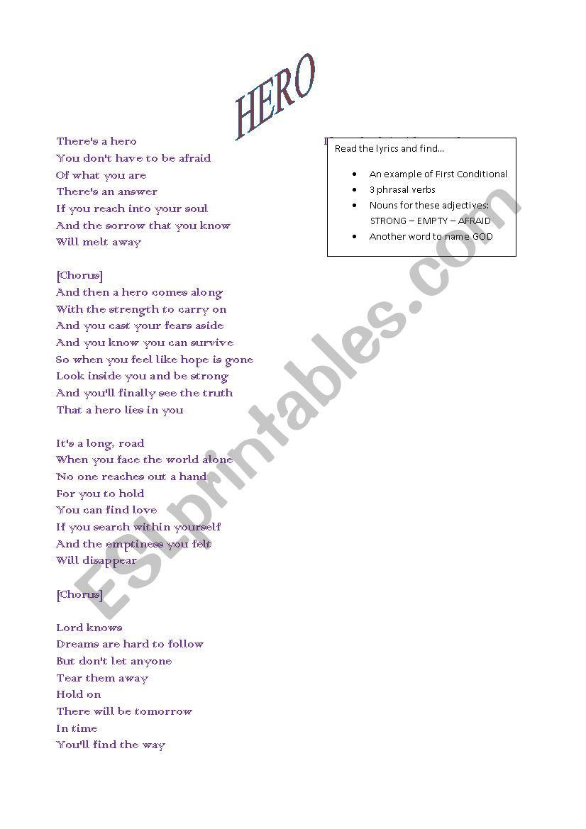 Song HERO worksheet