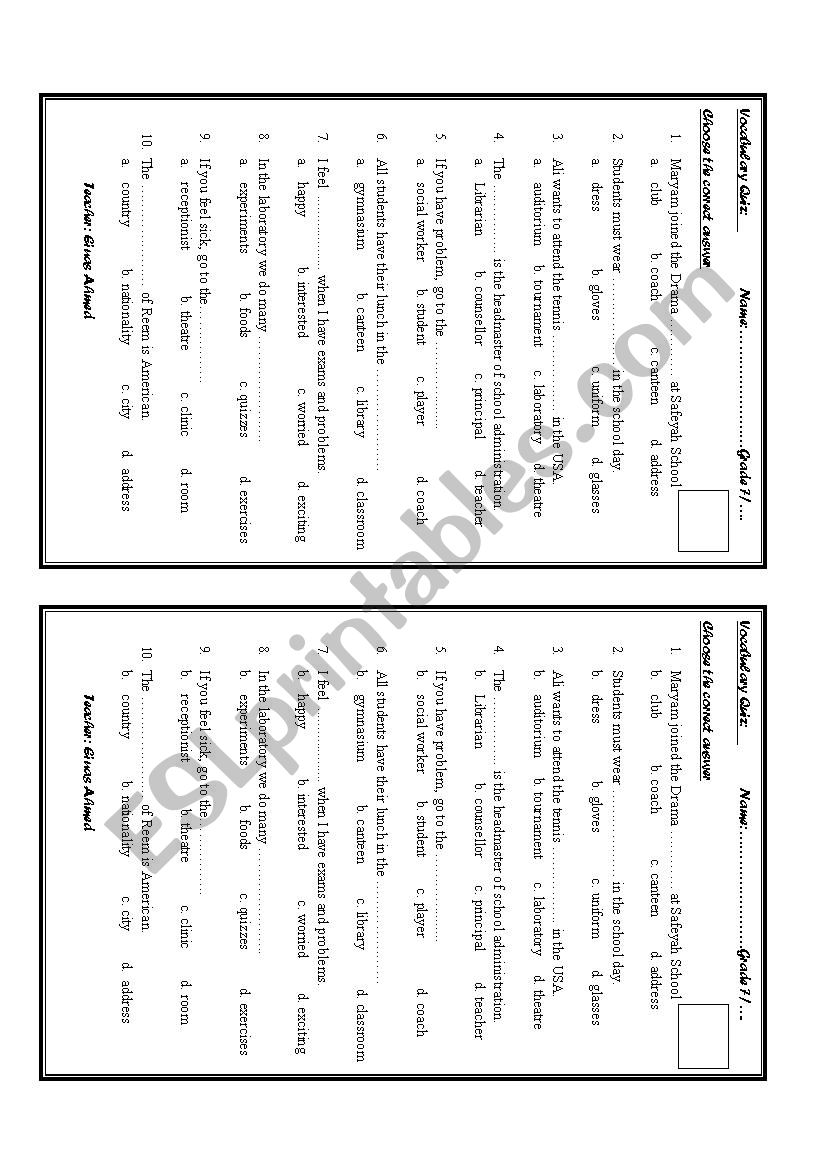 school vocabulary worksheet