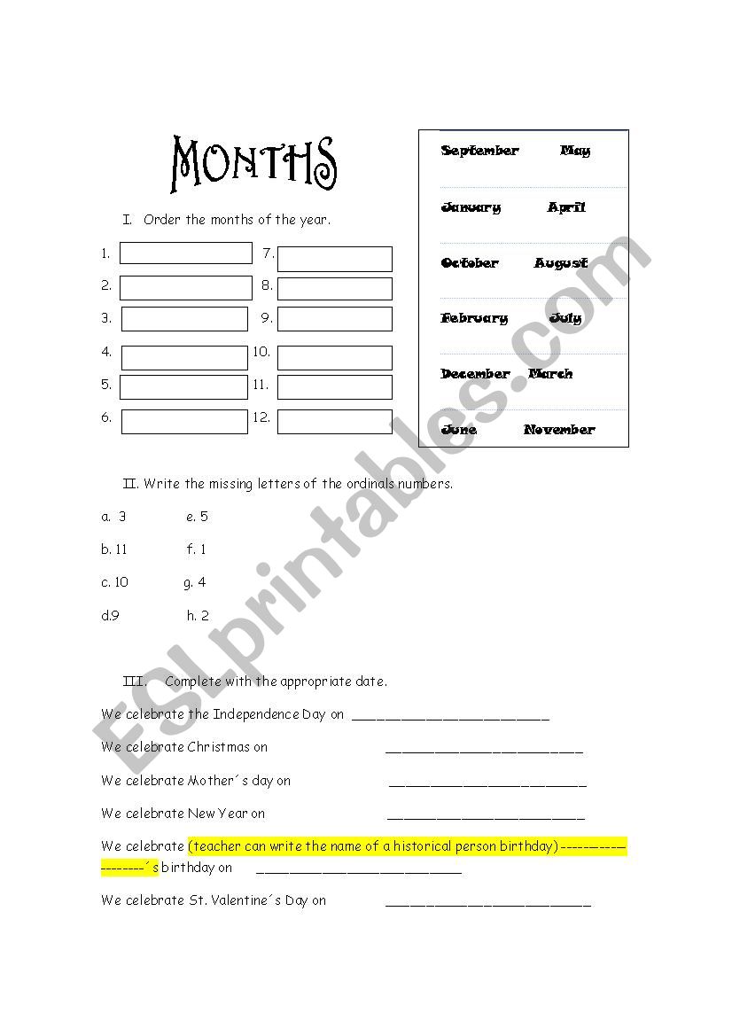 Months and dates. worksheet