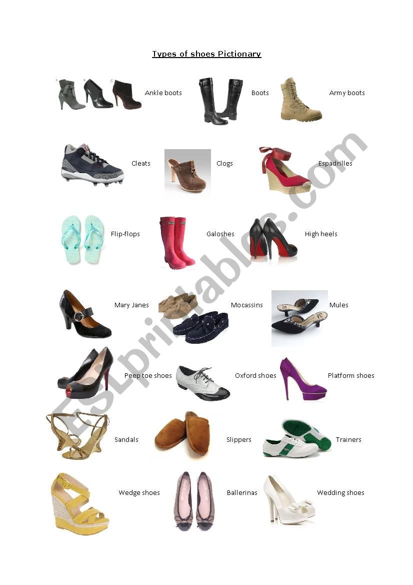 Types of shoes Pictionary worksheet