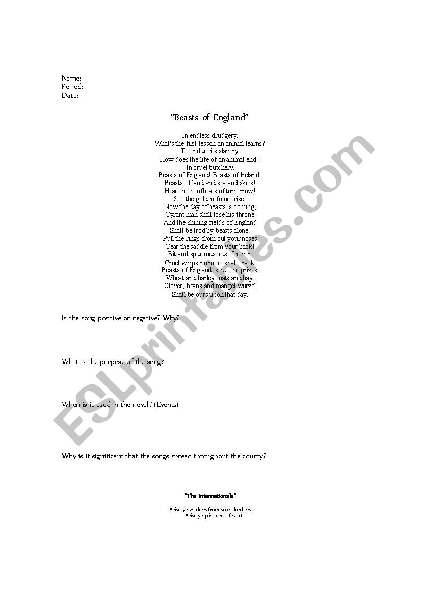 Beasts of England worksheet